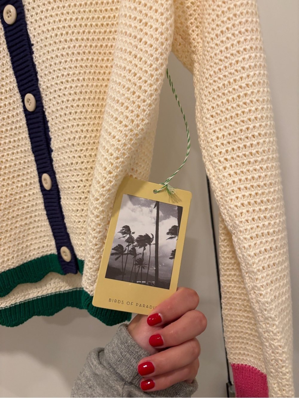 Trovata Striped-Trim Cream Crochet Cardigan Sweater - Multi Color - Picture 3 of 5